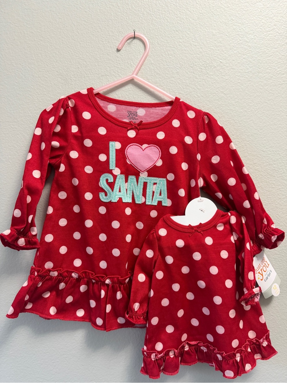 Red Polka Dot 'I ♥ Santa' Kids Pajama nightgown w/ matching Doll nightgown